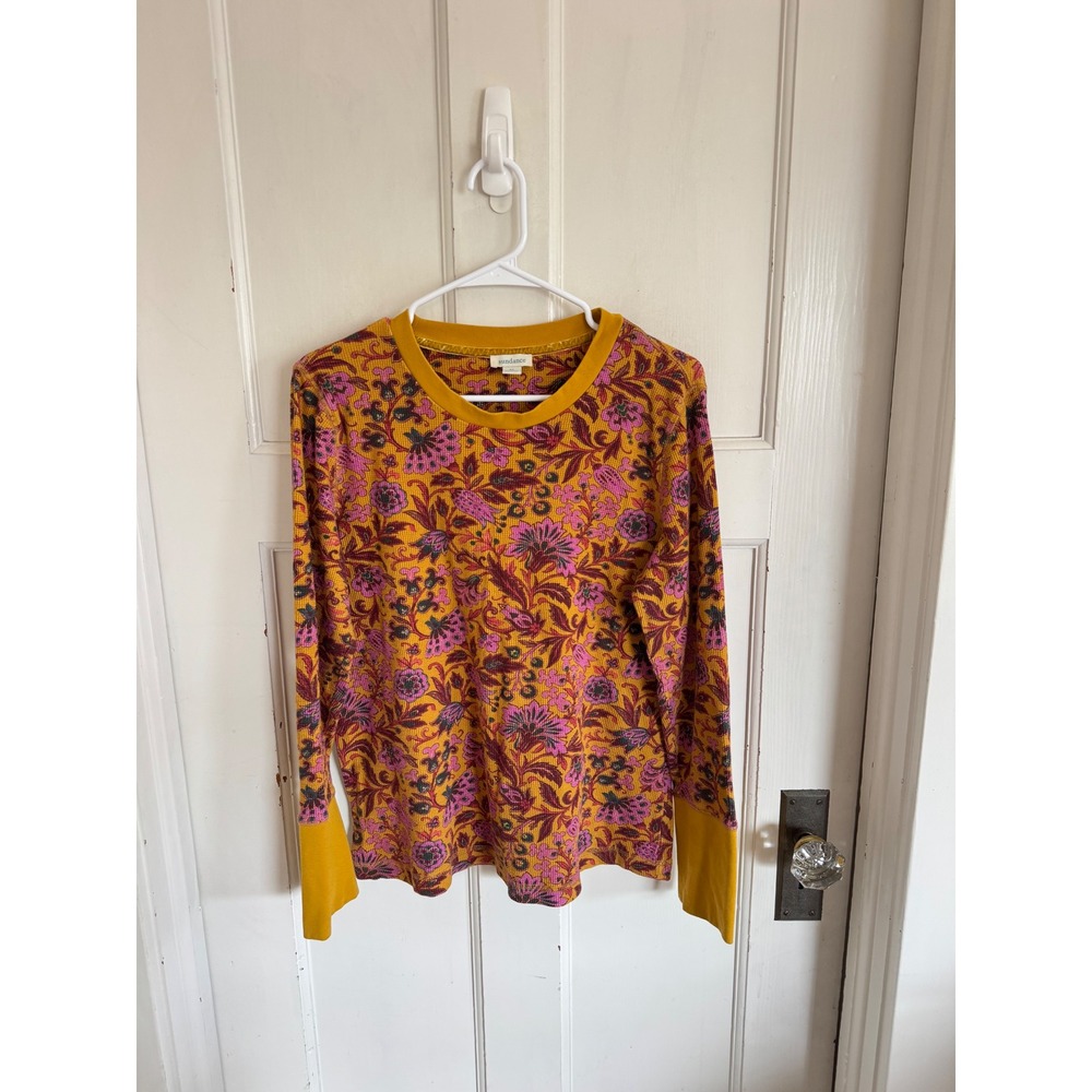 Sundance golden yellow floral waffle knit long sleeve top size xl